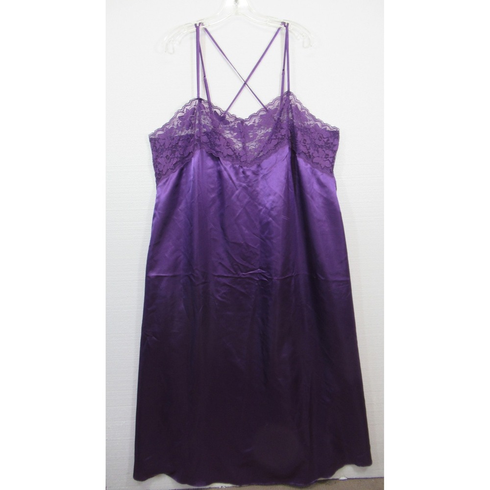 Amoureuse Shiny Satin Slip Chemise Plus Size 1X Purple Maxi Lace Trim Sleeveless